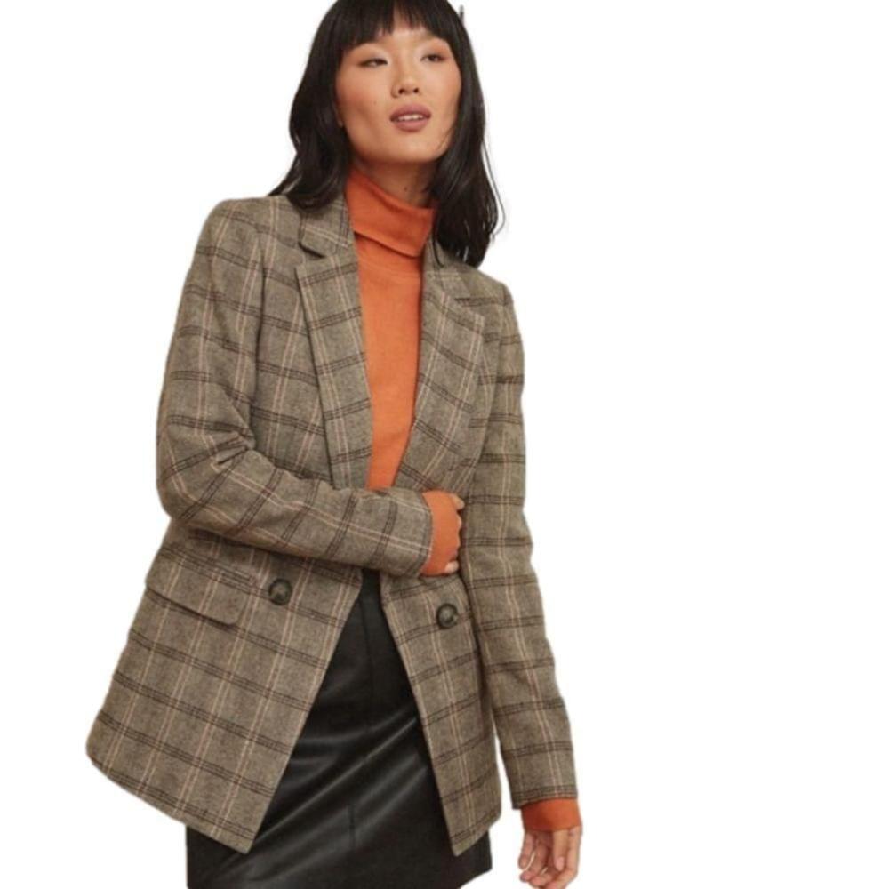 🚓 Plaid Herringbone Faux Double-breasted Long Blazer 4